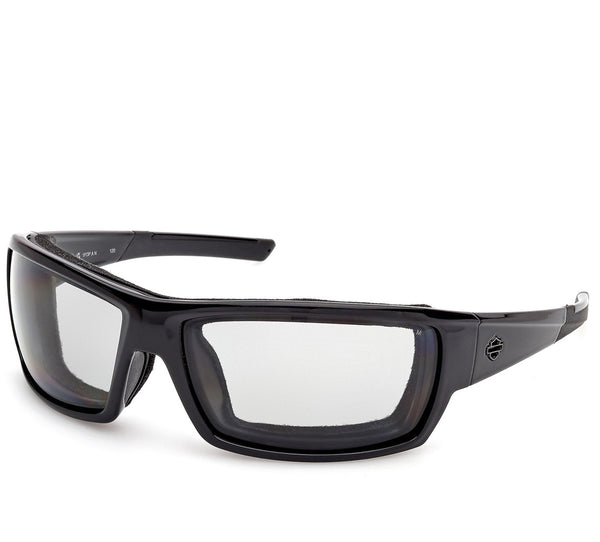 Black sunglasses with clear lenses on a white background
