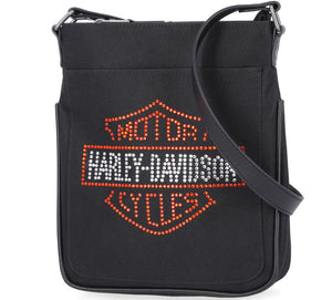 Black Harley Davidson bag with red and white logo on a white background