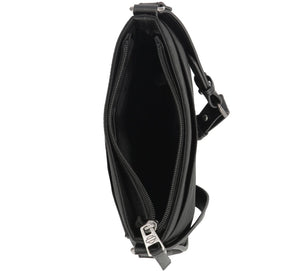 Black leather bag with a shoulder strap on a white background