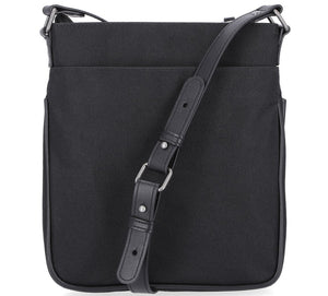 Black shoulder bag with a strap on a white background
