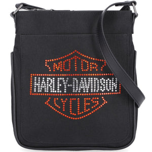 Black Harley-Davidson bag with rhinestone logo on a white background