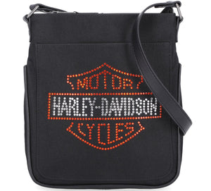Black Harley-Davidson bag with rhinestone logo on a white background