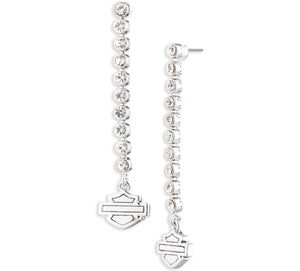 Silver chain earrings with Harlow and Friends logo on a white background