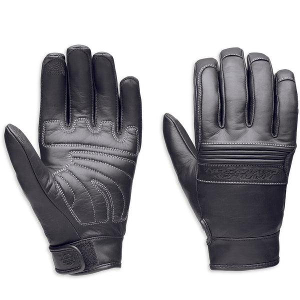 Pair of black leather gloves on a white background