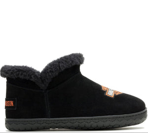 Black slip-on shoe with gray fur lining on a white background