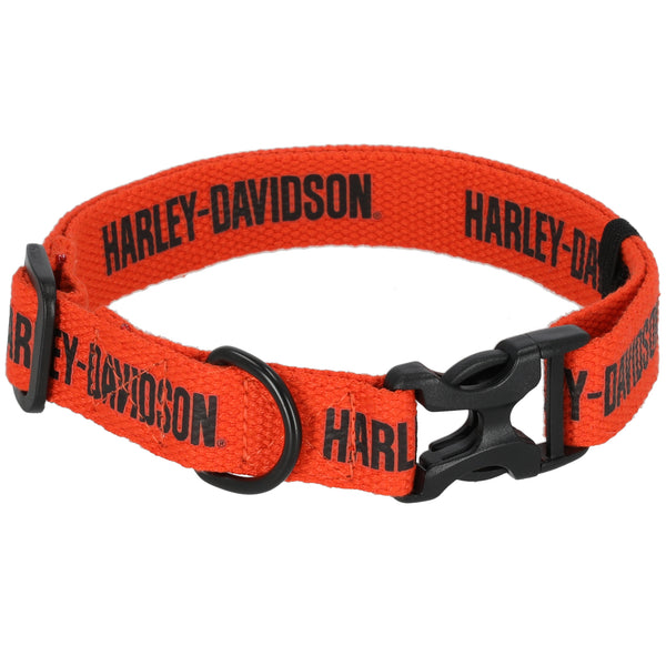 Orange dog collar with black 'Harley-Davidson' branding on a white background