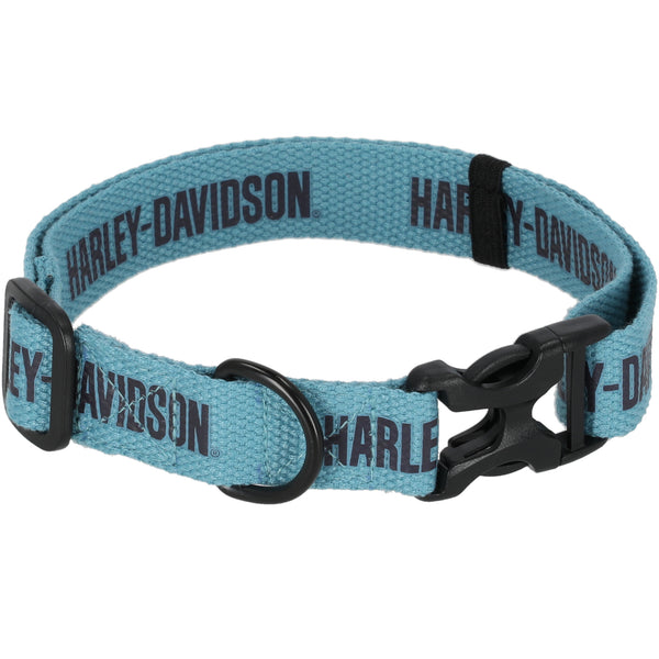 Blue dog collar with 'Harley-Davidson' branding on a white background