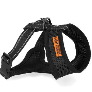 Black dog harness with Harley-Davidson logo on a white background