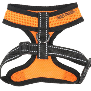 Orange and black dog harness with Harley-Davidson logo on a white background