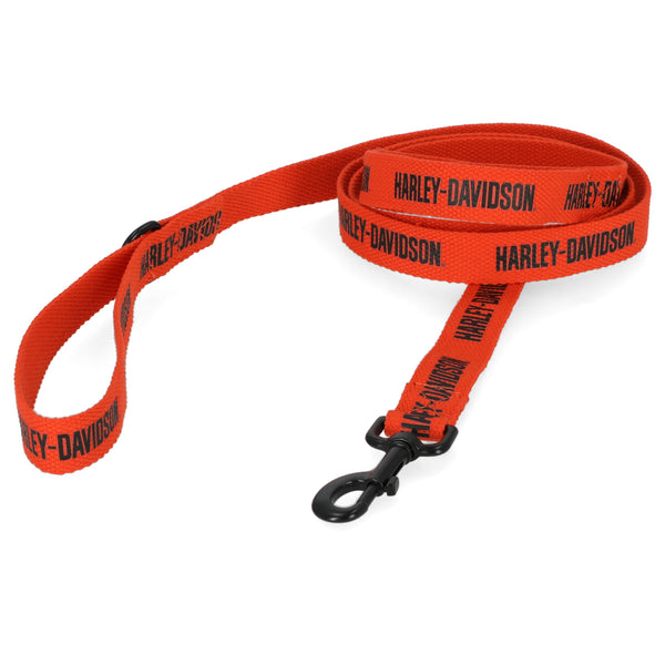 Orange Harley-Davidson dog leash on a white background