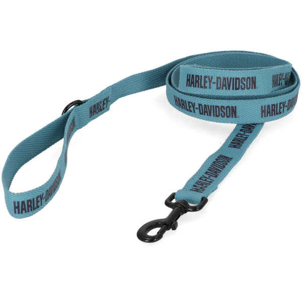 Blue Harley-Davidson dog leash on a white background