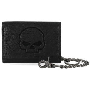 Black leather wallet with skull design and chain on a white background
