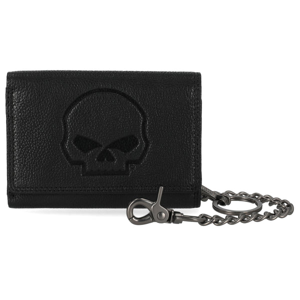 Black leather wallet with skull design and chain on a white background
