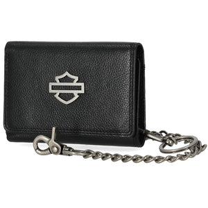 Black leather wallet with chain and Harley-Davidson logo on a white background
