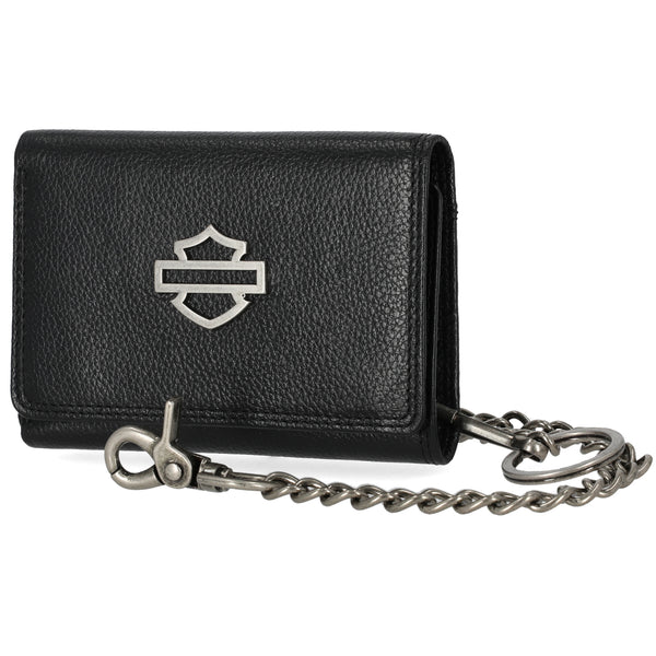 Black leather wallet with chain and Harley-Davidson logo on a white background