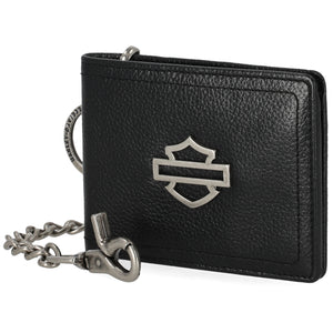 Harley-Davidson Men' Metal Open Bar & Shield Logo Leather Chain Slim Fold Bi-Fold Wallet, Black MWM099/08