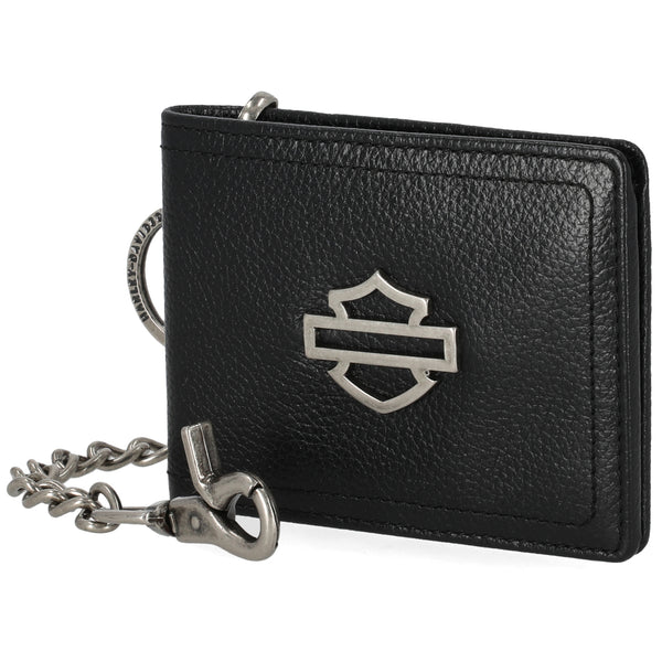 Harley-Davidson Men' Metal Open Bar & Shield Logo Leather Chain Slim Fold Bi-Fold Wallet, Black MWM099/08