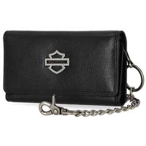 Black leather wallet with chain and Harley-Davidson logo on a white background