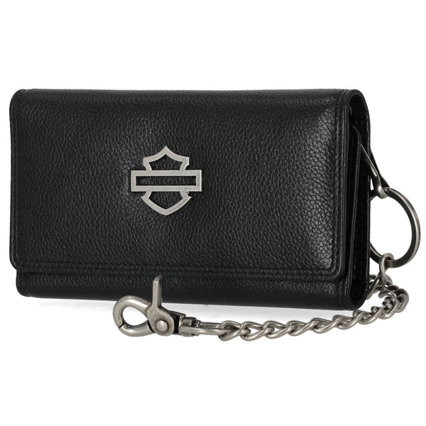 Black leather wallet with chain and Harley-Davidson logo on a white background