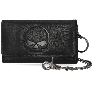 Black leather wallet with skull design and chain on a white background