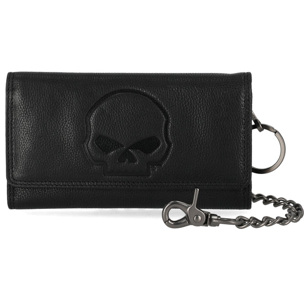 Black leather wallet with skull design and chain on a white background