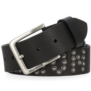 Black leather belt with silver studs and buckle on a white background