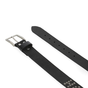Black leather belt with silver buckle on a white background