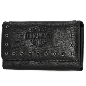 Black leather wallet with Harley Davidson logo on a white background