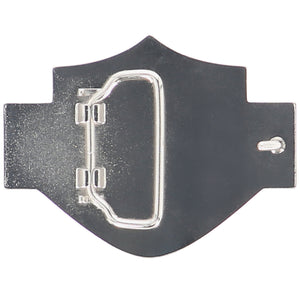 Black metal bracket with a central circular component on a white background