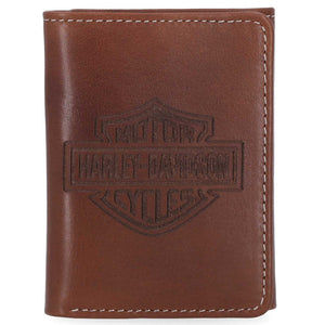 Harley-Davidson Men's Laser Bar & Shield Logo Tri-Fold Leather Wallet, Brown MWM-064