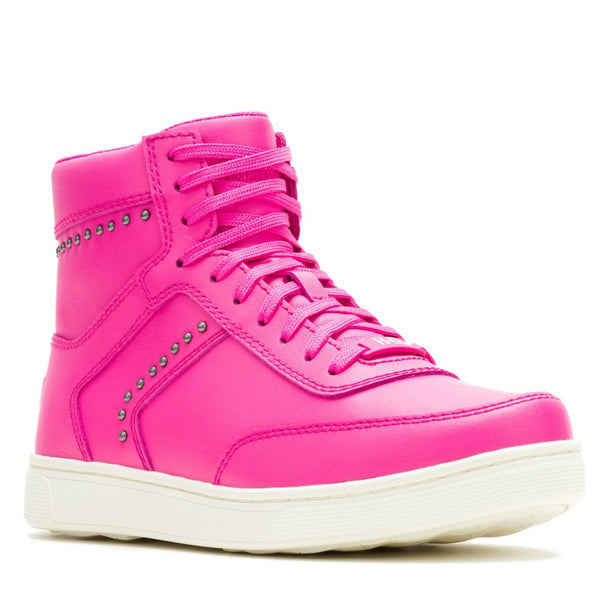 Pink high-top sneaker with white sole on a white background