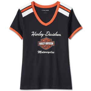 Harley-Davidson Women's Iconic V-Neck Shoulder Stripe Short Sleeve Shirt, Black/Orange/White 99012-23VW