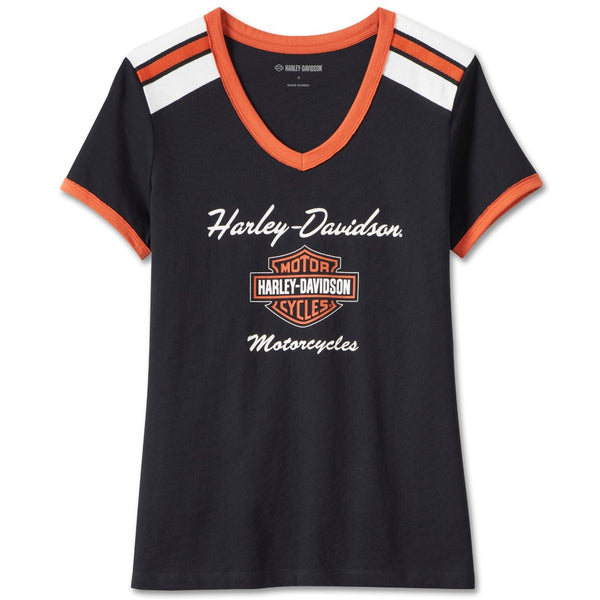 Harley-Davidson Women's Iconic V-Neck Shoulder Stripe Short Sleeve Shirt, Black/Orange/White  99012-23VW