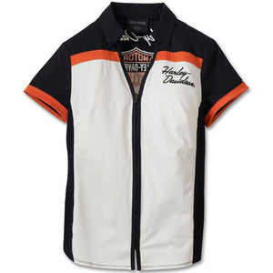Harley-Davidson Women's Elemental Zip Front Short Sleeve Shirt, White/Black/Orange 99055-23VW