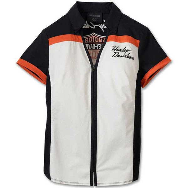 Harley-Davidson Women's Elemental Zip Front Short Sleeve Shirt, White/Black/Orange 99055-23VW