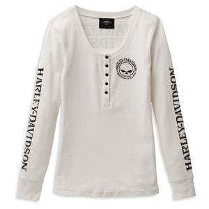 Harley-Davidson Women's Willie G Skull Henley Snap Front Long Sleeve Shirt, White 99100-22VW