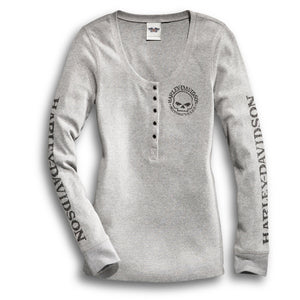 Harley-Davidson Women's Willie G Skull Henley Snap Front Long Sleeve Shirt, Grey 99143-14VW