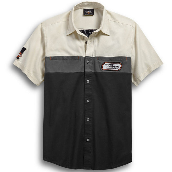 Harley-Davidson Men's H-D Racing Colorblock Short Sleeve Button-Up Shirt, White/Black 99166-19VM