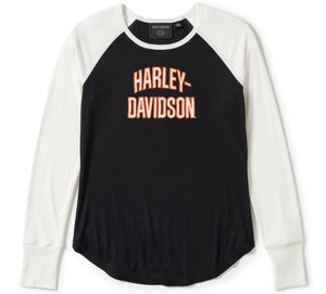 Harley-Davidson Women's Essential Arched Font Raglan Long Sleeve Shirt, Black/White 99297-25VW