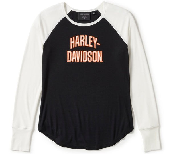 Harley-Davidson Women's Essential Arched Font Raglan Long Sleeve Shirt, Black/White 99297-25VW
