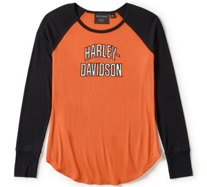 Harley-Davidson Women's Essential Arched Font Raglan Long Sleeve Shirt, Orange/Black 99298-25VW