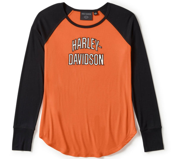 Harley-Davidson Women's Essential Arched Font Raglan Long Sleeve Shirt, Orange/Black 99298-25VW