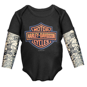 A black long sleeve creeper with orange and blue Harley-Davidson Bar & Shield logo and blue stretchy mesh sleeves with printed tattoos.