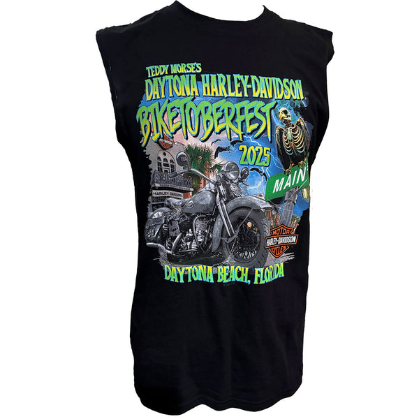 Teddy Morse's Daytona Harley-Davidson Men's Biketoberfest 2025 Graveyard Perch Sleeveless Shirt, Black Muscle