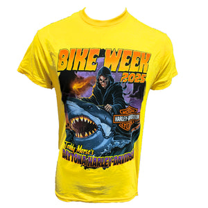 Teddy Morse's Daytona Harley-Davidson Men's Bike Week 2025 Shark Riding Bob Short Sleeve Shirt, Yellow