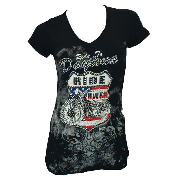 Liberty Wear Ladies Custom Ride to Daytona Bling Embellished Short Sleeved Shirt, Black
