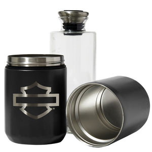 Harley-Davidson Open Bar & Shield Logo Glass Decanter Set W/ Laser Etched Stainless Steel Travel Case, Black HDL-18819