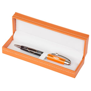 Orange pen case with an orange and silver pen inside on a white background