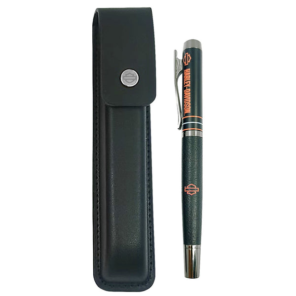 Harley-Davidson Open B&S Stripes Refillable Pen W/ Faux Leather Carry Case, Black HDL-20130