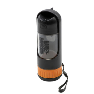 A black and orange Harley-Davidson branded 12 oz. water bottle with a slide-out bowl for easy access, a leak-proof lid, and an expandable silicone base for treat storage.